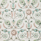 Detail of wallpaper in a floral paisley print in shades of pink and green on a cream field.