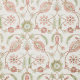 Detail of wallpaper in a floral paisley print in shades of rust and green on a cream field.