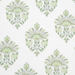 Detail of wallpaper in a floral paisley print in shades of green on a white field.