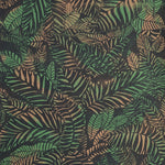 Detail of wallpaper in a dense leaf print in green and tan on a purple field.