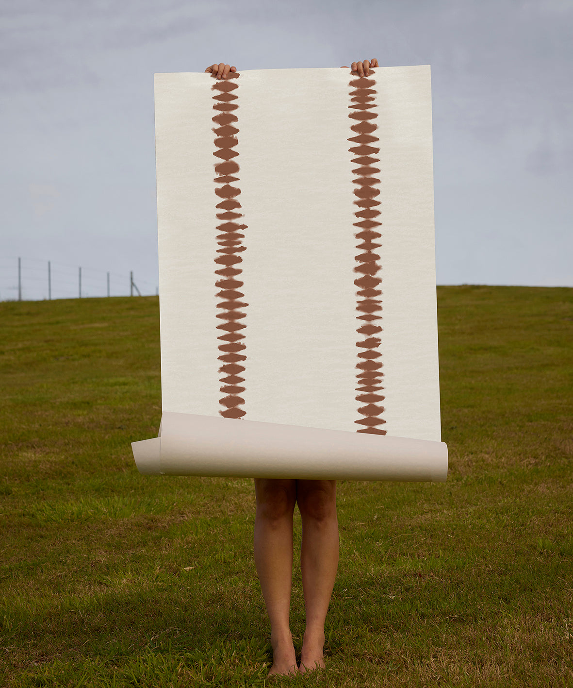 Person holding a brown stripe wallpaper against a grassy field and cloudy sky.