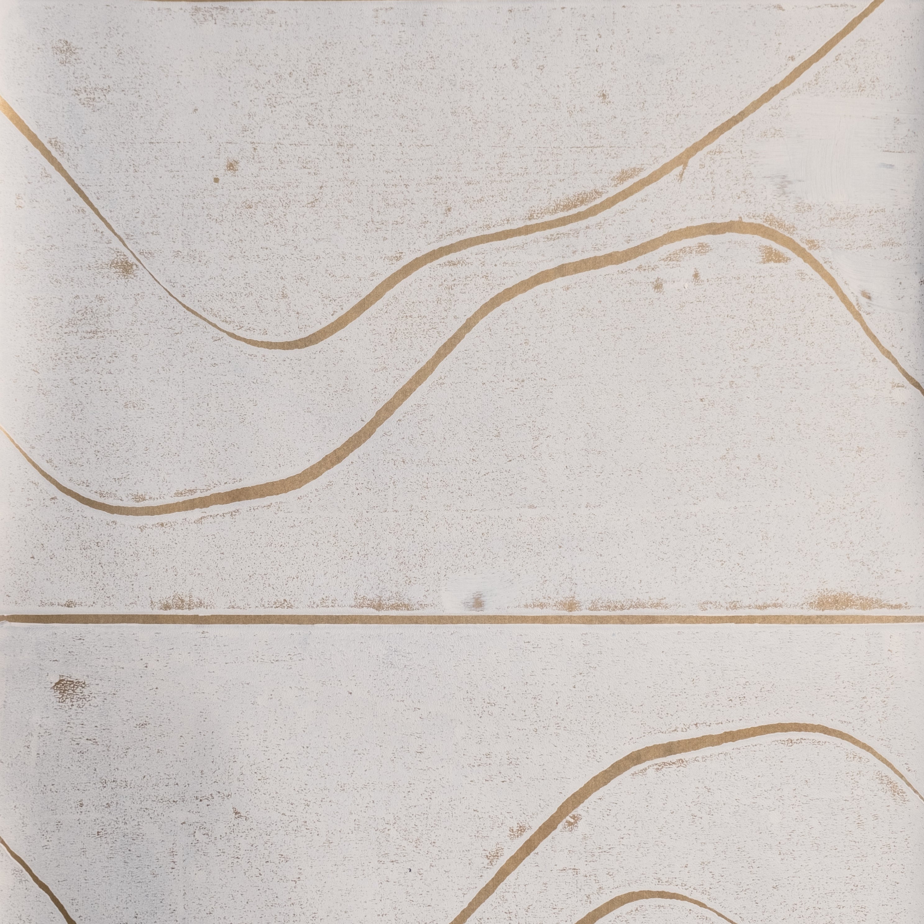 Detail of wallpaper in an abstract linear print in tan on a mottled cream field.