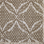 Close-up of a broadloom carpet in a lattice design in taupe.