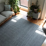 Overhead shot of a plant-filled living room with a woven leather rug in a striped wave texture in shades of gray.