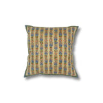 Square throw pillow with a striped floral pattern in delicate Indian kantha embroidery on a gold field.