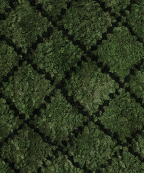 Close up for a handknotted rug in a black lattice design on a green field. 