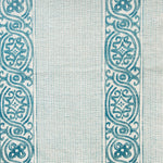 Detail of fabric in a painterly stripe print in shades of turquoise on a cream field.