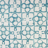 Detail of fabric in a botanical lattice print in teal on a cream field.