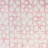 Detail of fabric in a botanical lattice print in pink on a cream field.