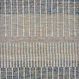 Handwoven rug sample in a textural stripe design in mottled shades blue, grey, tan and yellow. 