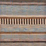 Handwoven rug sample in a mixed width stripe pattern  in light blue, brown, mauve, cream, charcoal and teal. 