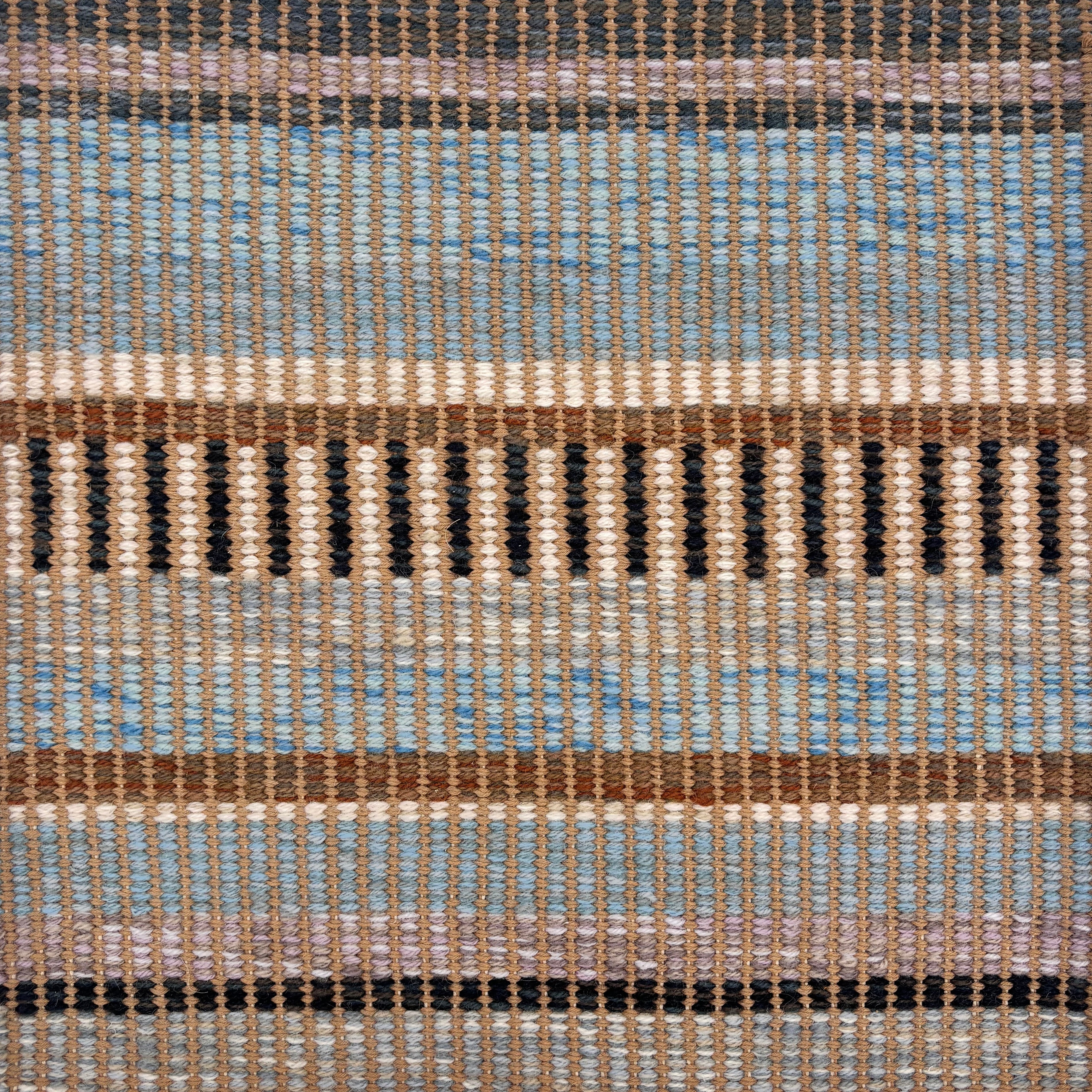 Handwoven rug sample in a mixed width stripe pattern  in light blue, brown, mauve, cream, charcoal and teal. 