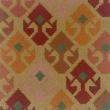 Handknotted rug with geometric design in red, orange, and green on a beige background