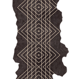 Detail of a cowhide rug in black with a tan geometric overlay.