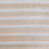 Detail of a woven upholstery leather in a striped coral, tan and white colorway.