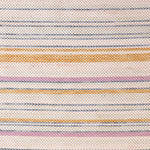 Close-up of a woven leather rug in an irregular stripe print in shades of pink, yellow and blue.