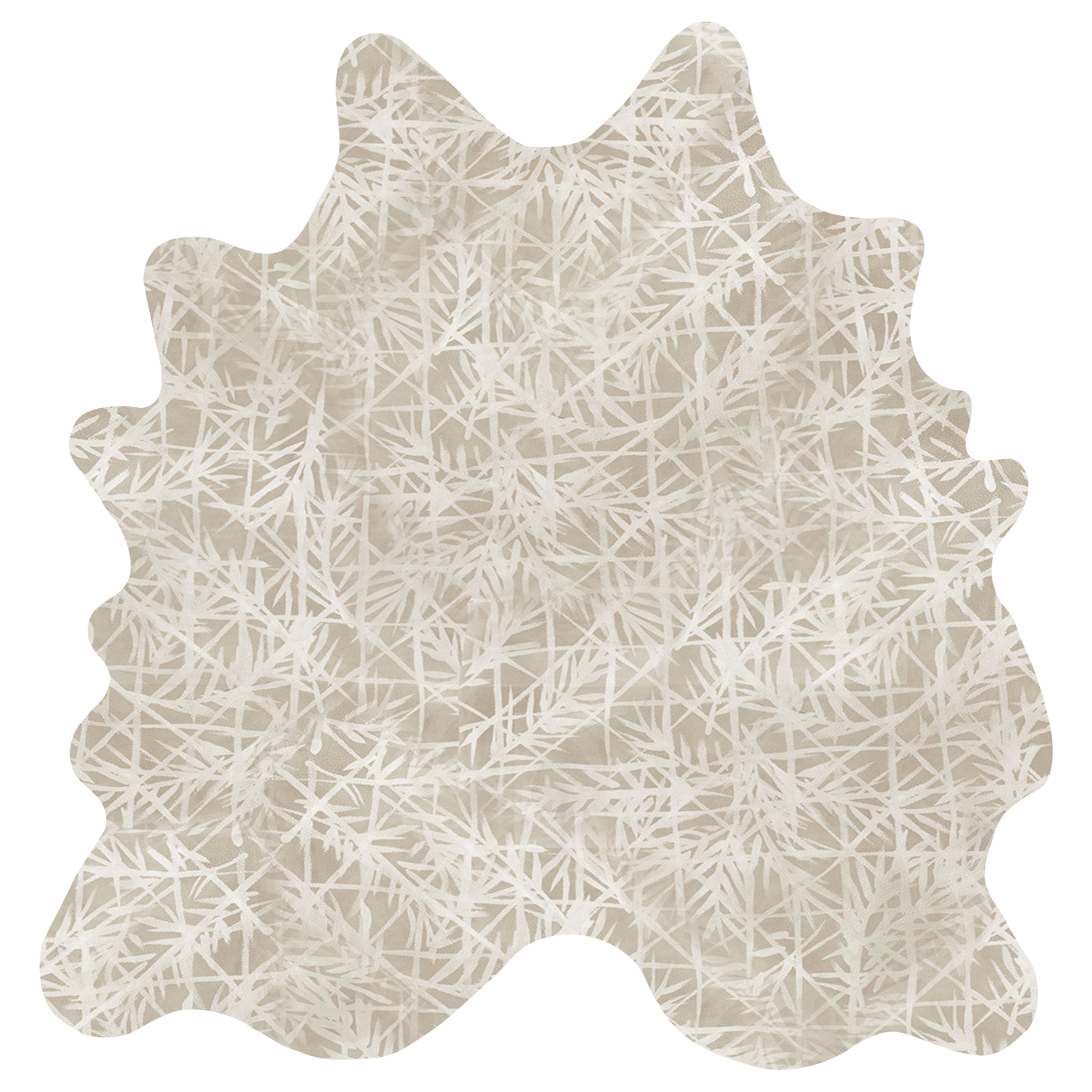 Detail of a cowhide rug in tan with a painterly botanical overlay in cream.