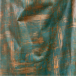 Detail of upholstery leather in a textural brushstroke pattern in turquoise and gold.