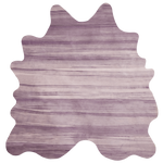 Detail of a cowhide rug in purple with an abstract stripe overlay in shades of purple and cream.