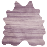 Detail of a cowhide rug in purple with an abstract stripe overlay in shades of purple and cream.