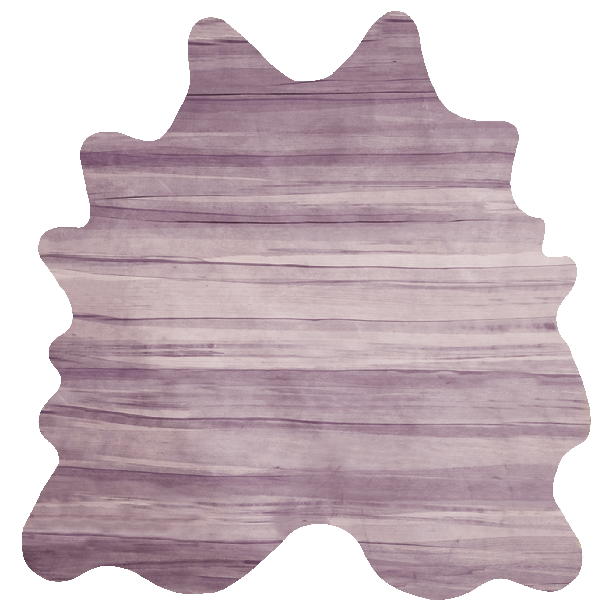 Detail of a cowhide rug in purple with an abstract stripe overlay in shades of purple and cream.