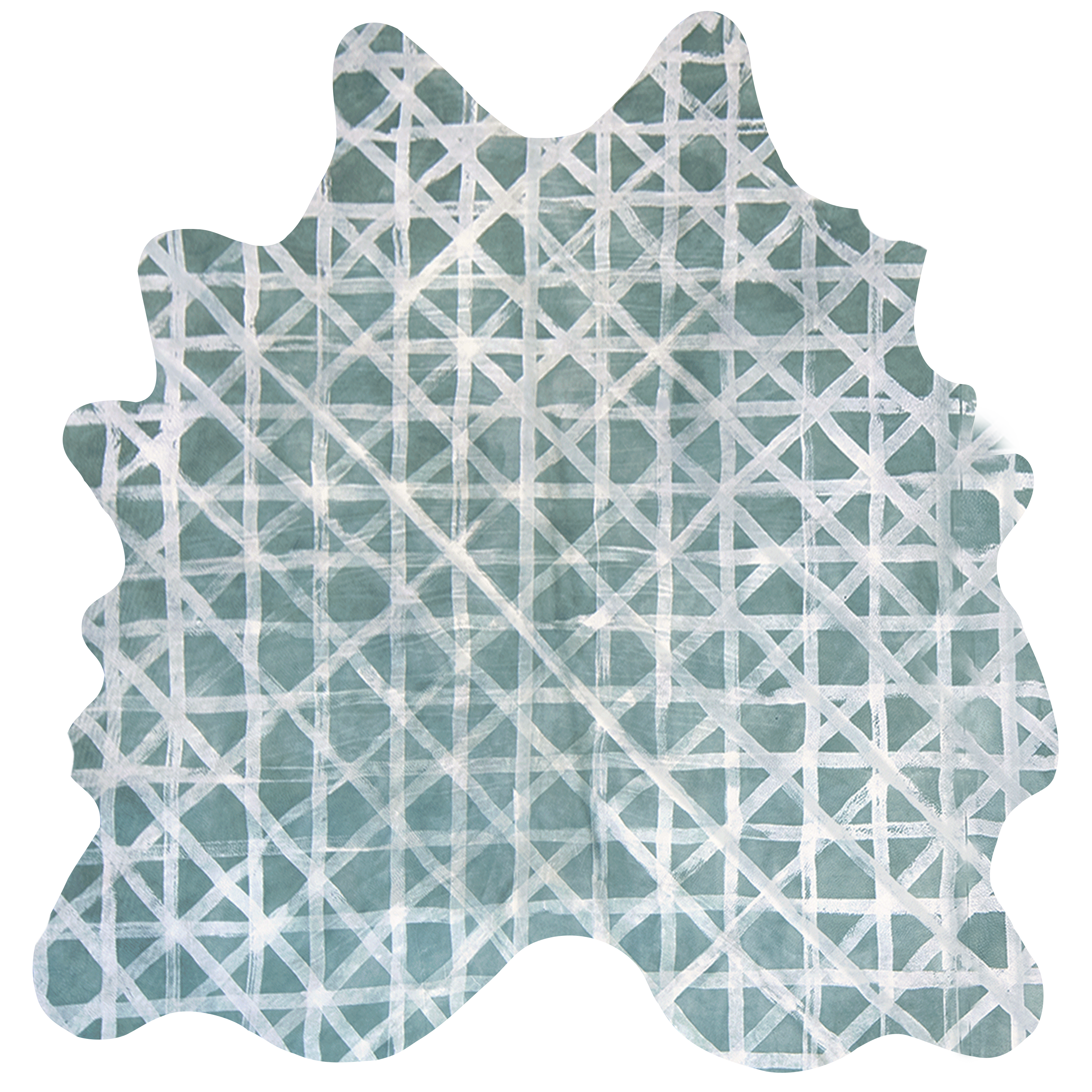 Detail of a cowhide rug in sage with a white lattice overlay.