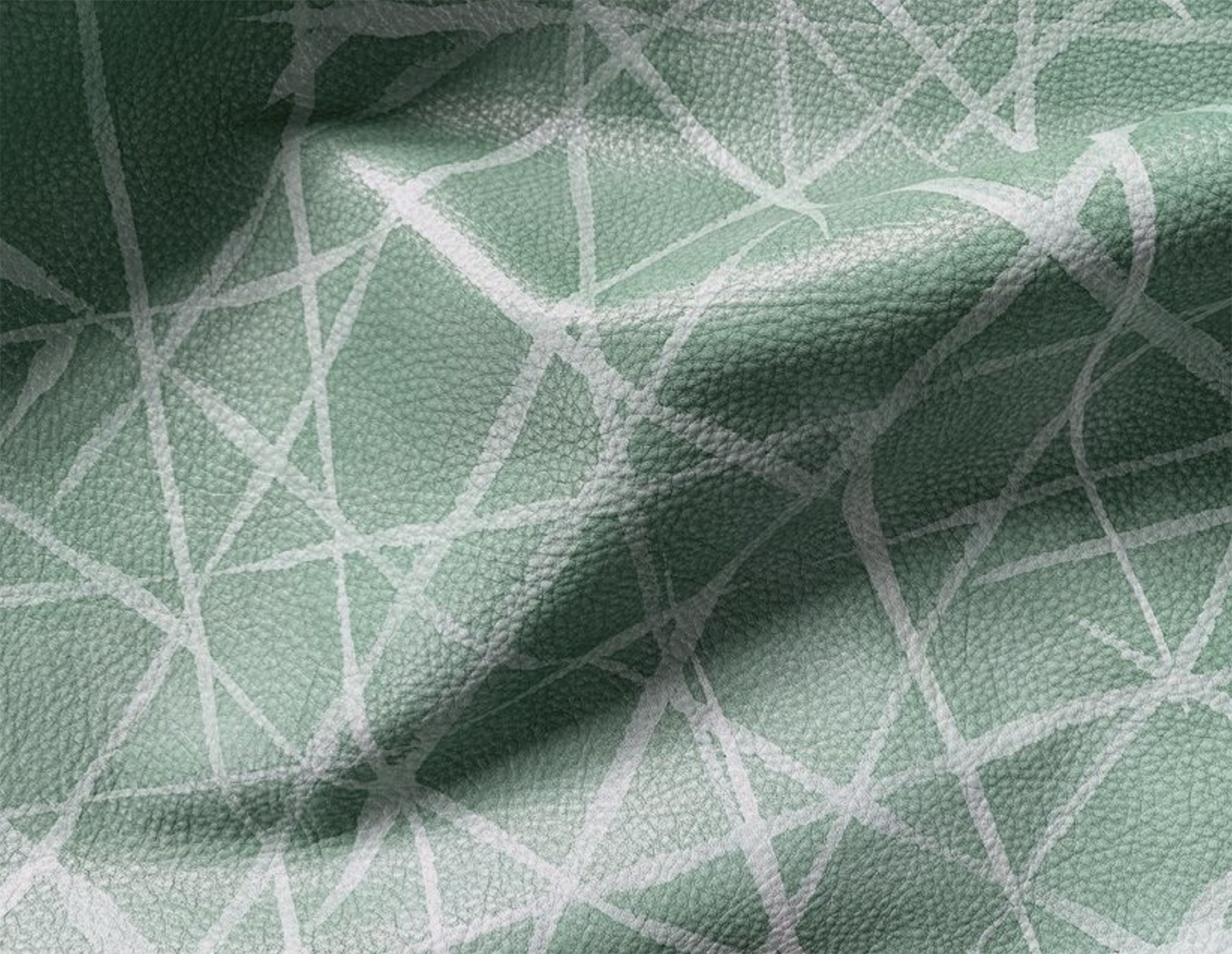 Draped upholstery leather in sage with a painterly grid overlay in white.