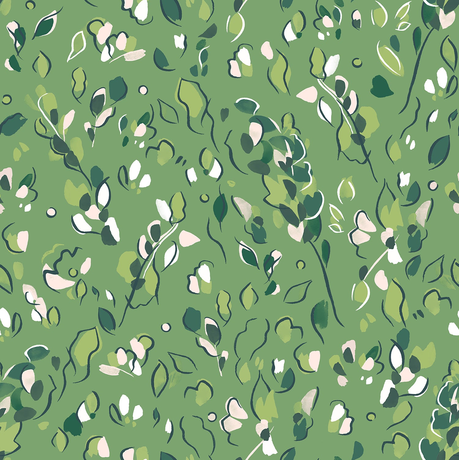 Detail of wallpaper in a painterly leaf print in shades of green and white on a kelly green field.