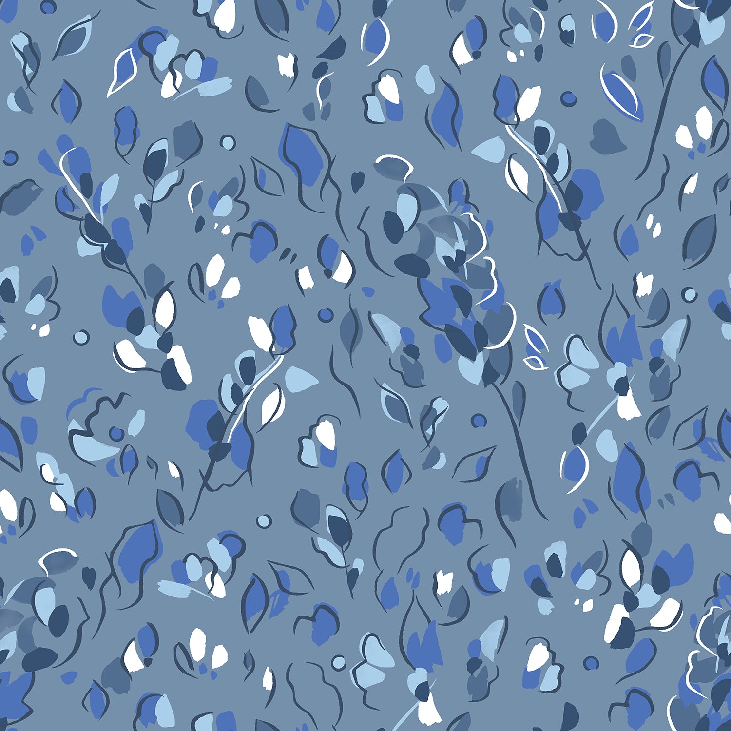 Detail of wallpaper in a painterly leaf print in shades of navy and white on a blue field.