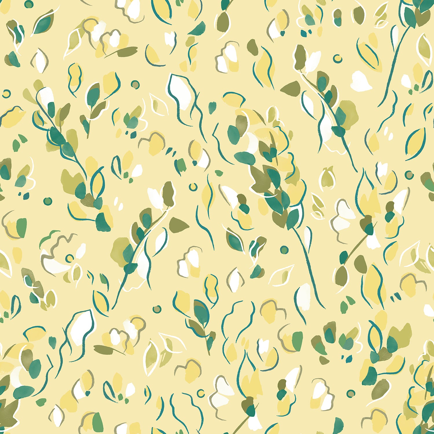 Detail of wallpaper in a painterly leaf print in shades of green and white on a yellow field.
