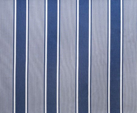 Detail of outdoor fabric in a classic stripe print in navy on a white field.