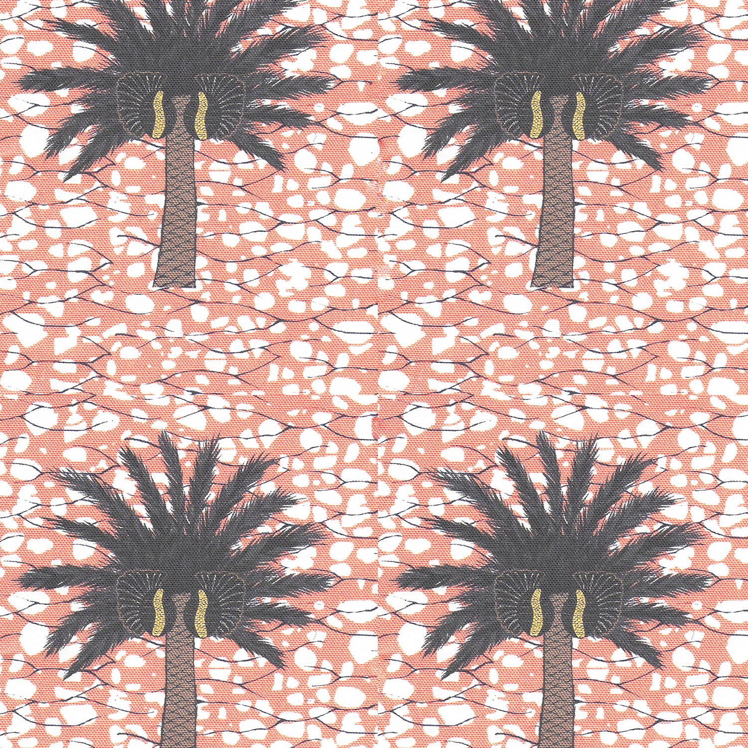 Detail of fabric in a repeating palm tree print on a mottled field in shades of brown, gray, pink and white.