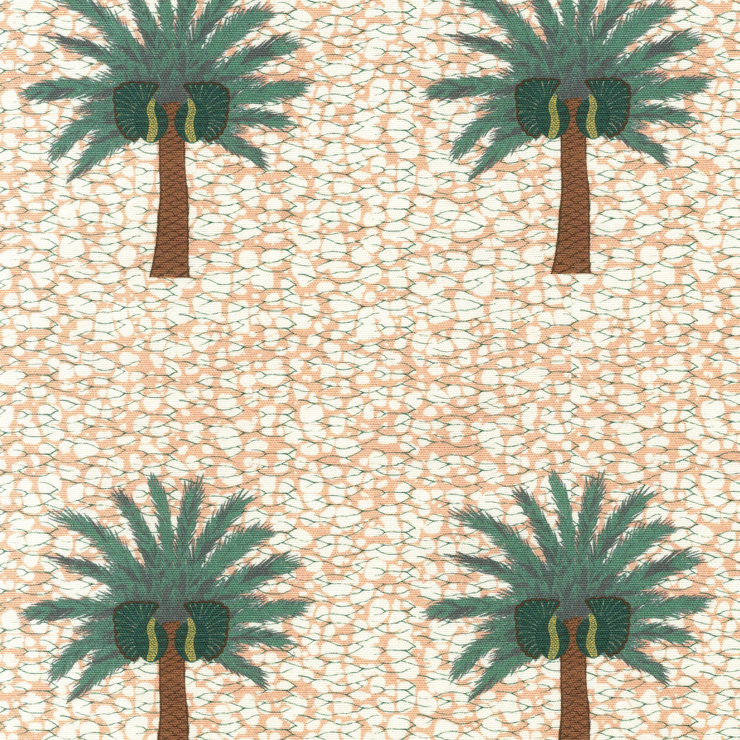 Detail of fabric in a repeating palm tree print on a mottled field in shades of brown, green, light orange and white.