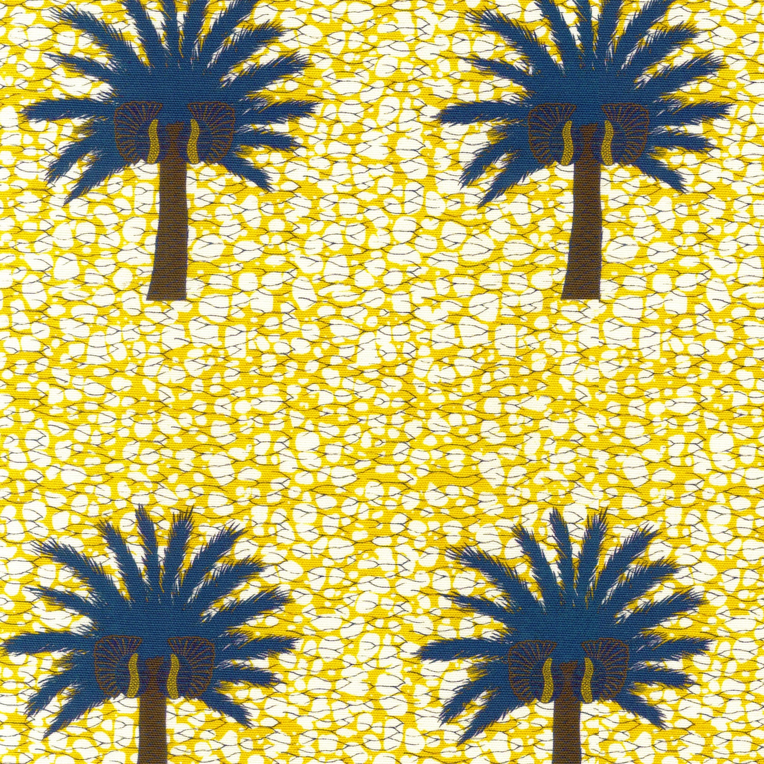 Detail of fabric in a repeating palm tree print on a mottled field in shades of brown, navy, yellow and white.