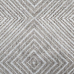 Broadloom carpet sample in a linear diamond design in white and taupe. 