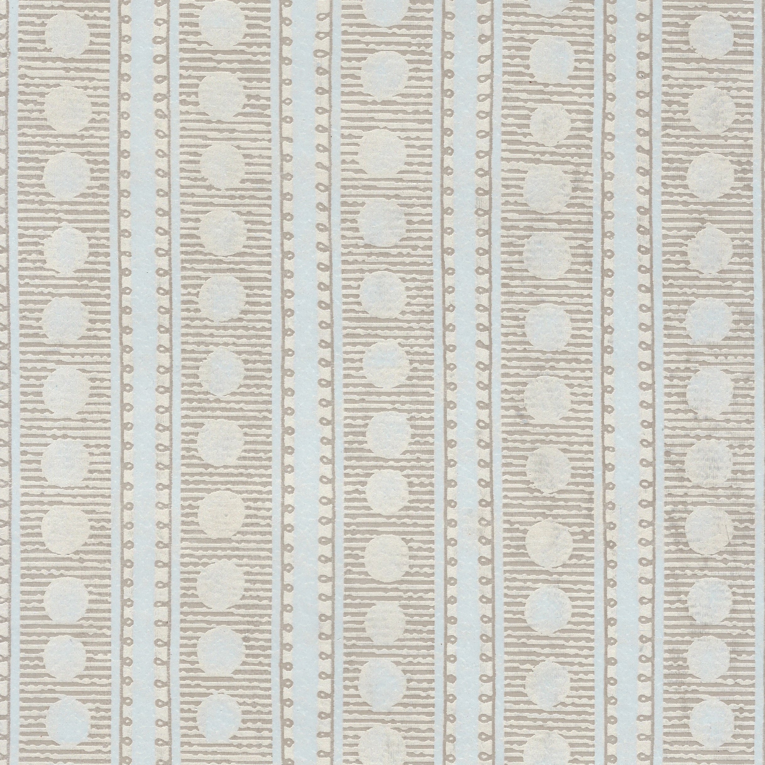 Detail of wallpaper in a textural curvilinear stripe print in tan and light blue on a cream field.