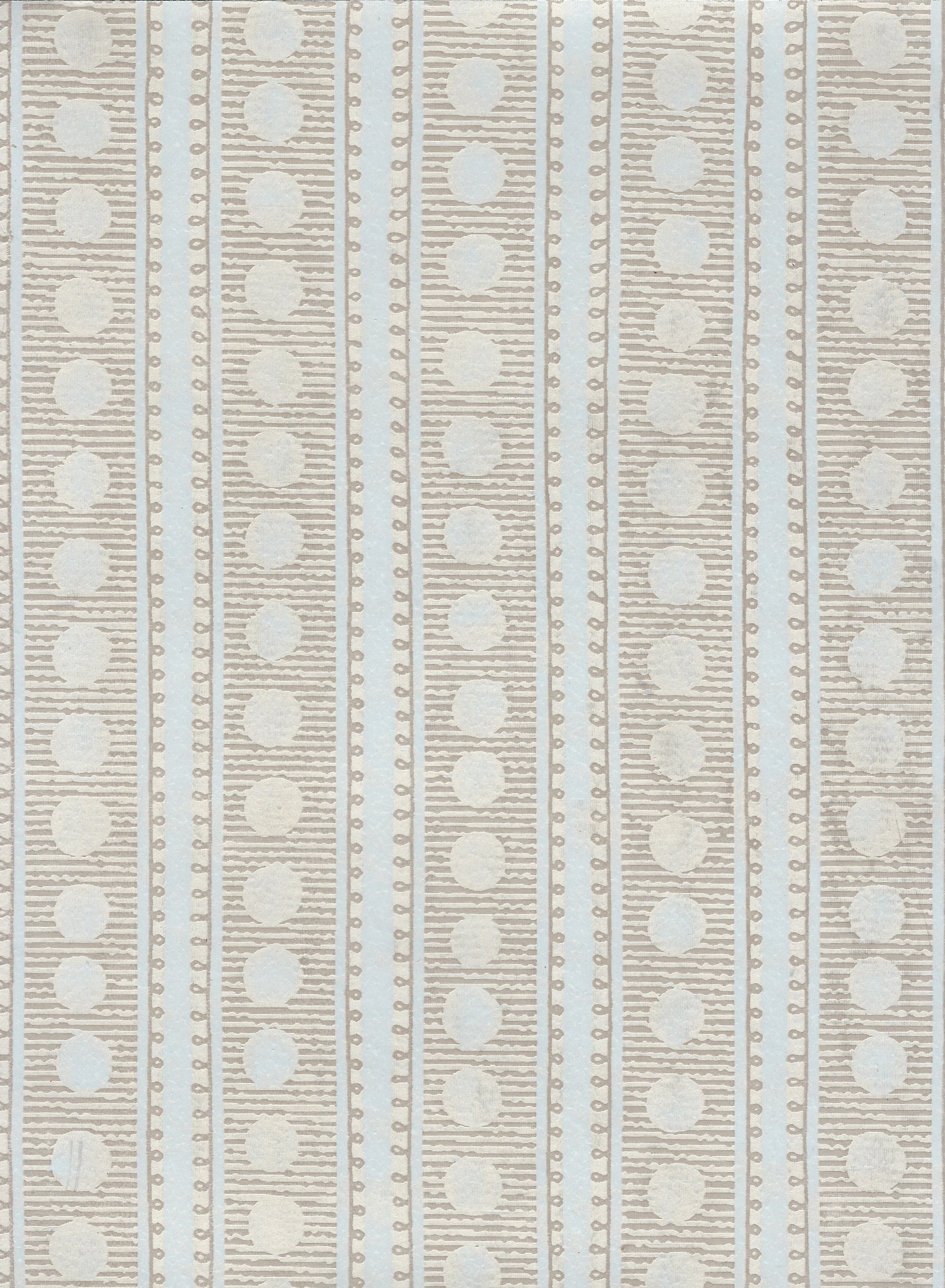 Detail of wallpaper in a textural curvilinear stripe print in tan and light blue on a cream field.