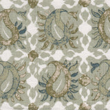 Detail of fabric in a paisley print in shades of blue, brown and tan on a white field.