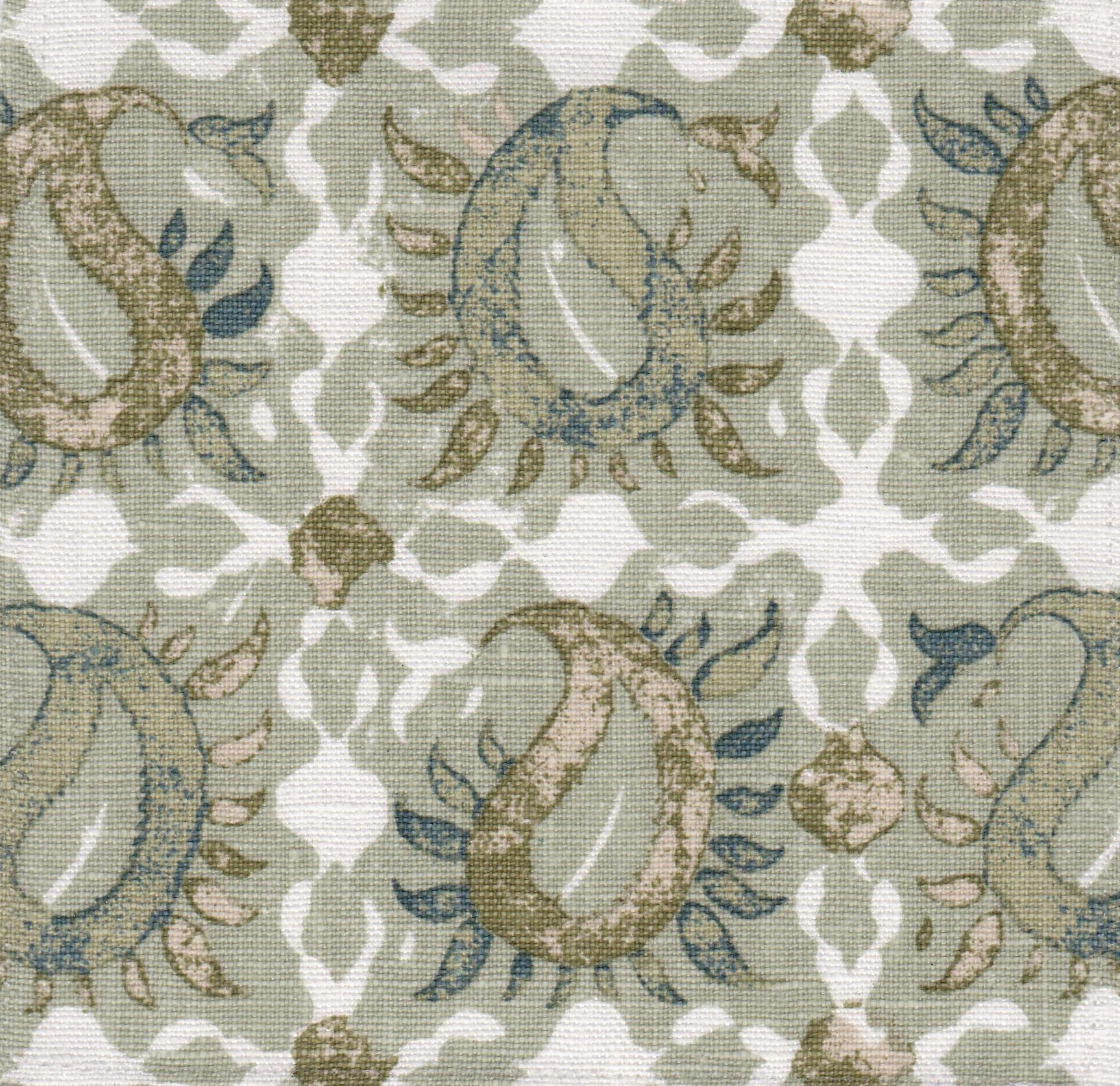 Detail of fabric in a paisley print in shades of blue, brown and tan on a white field.