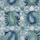 Detail of fabric in a paisley print in shades of blue, green and navy on a white field.