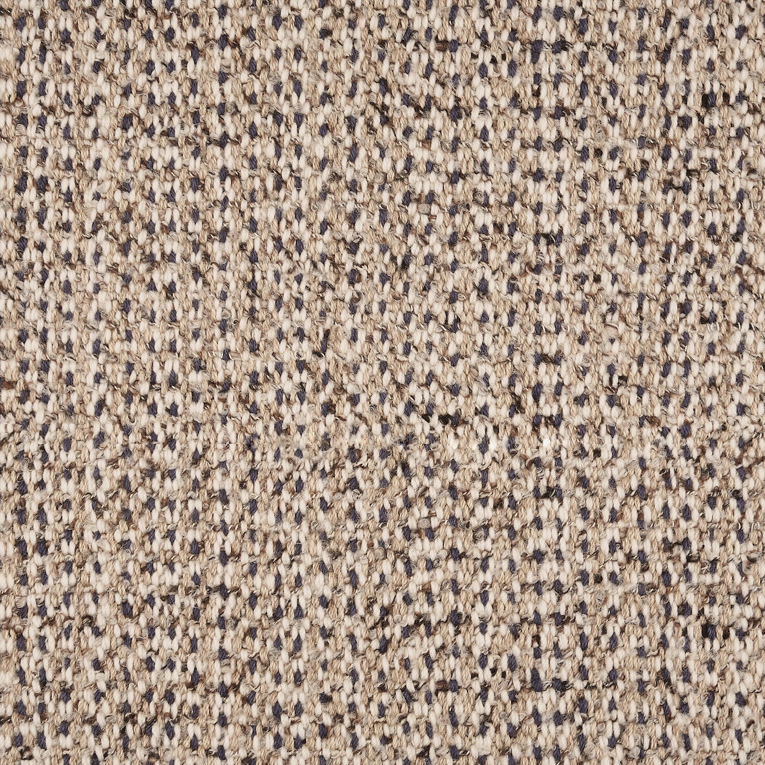 Broadloom carpet in a textural weave in shades of taupe, cream and navy blue.