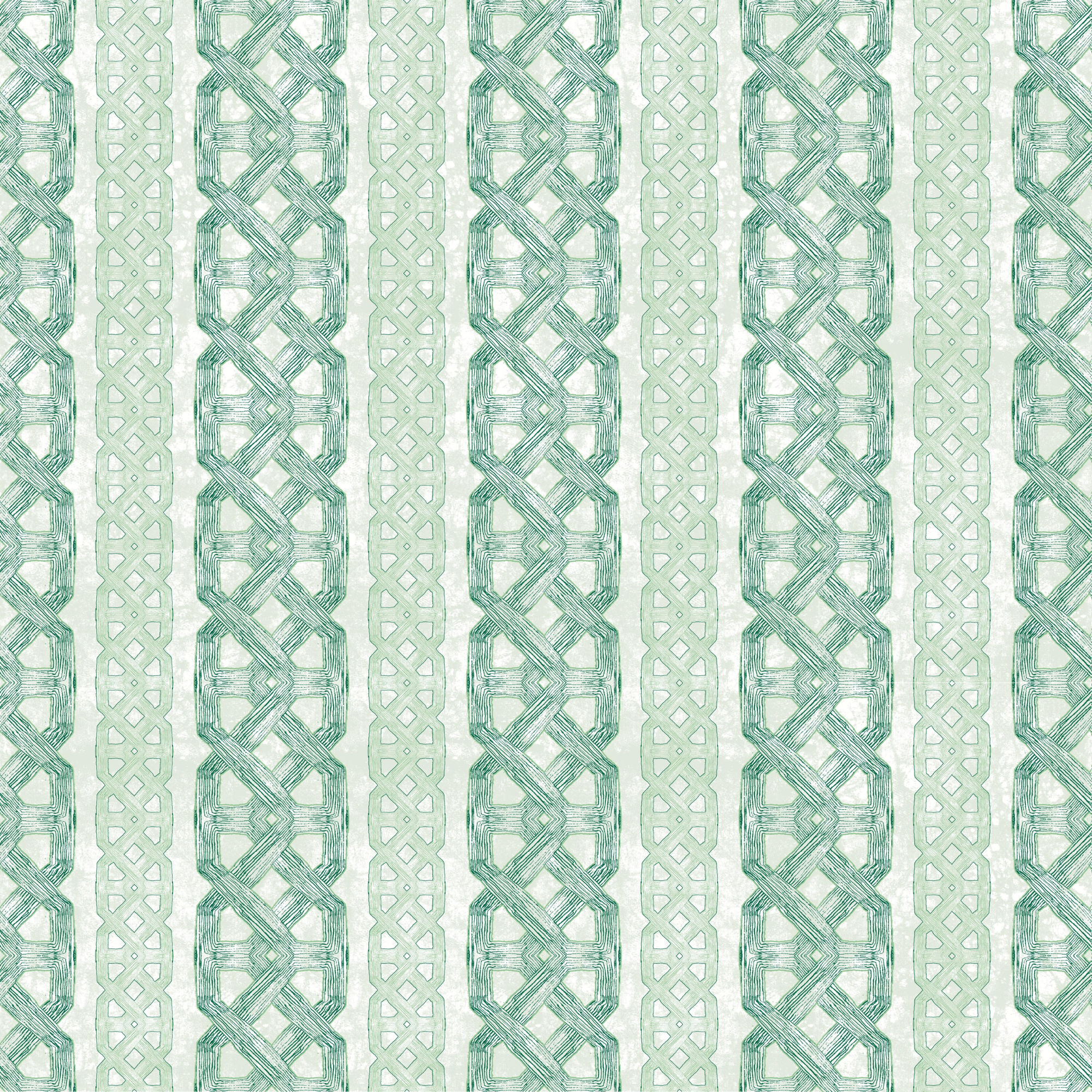 Detail of wallpaper in a geometric stripe print in green and turquoise on a mottled cream field.