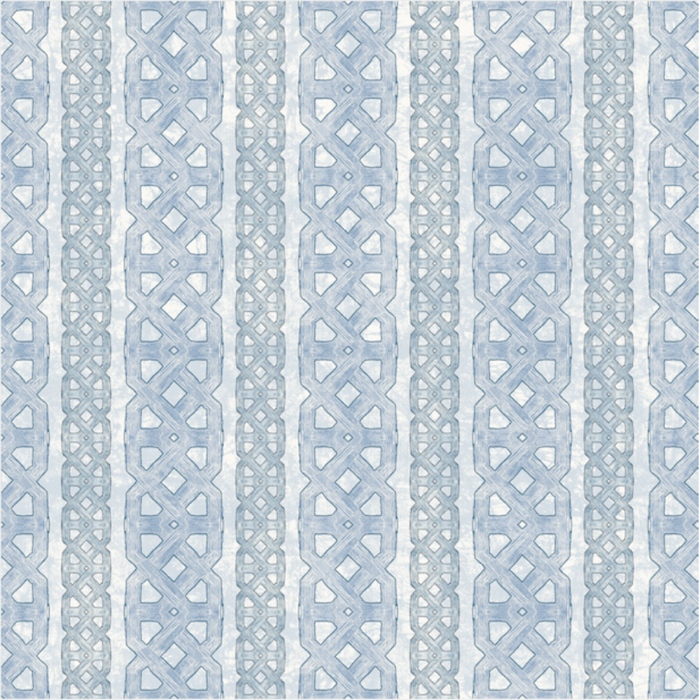 Detail of wallpaper in a geometric stripe print in blue and gray on a mottled blue field.