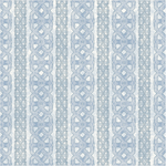 Detail of wallpaper in a geometric stripe print in blue and gray on a mottled blue field.