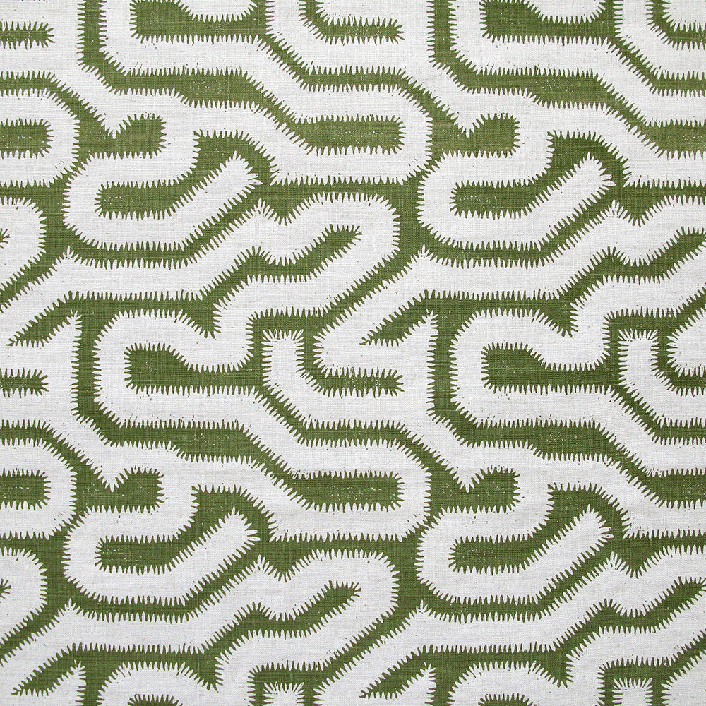 Detail of fabric in a playful meandering print in white on an olive field.