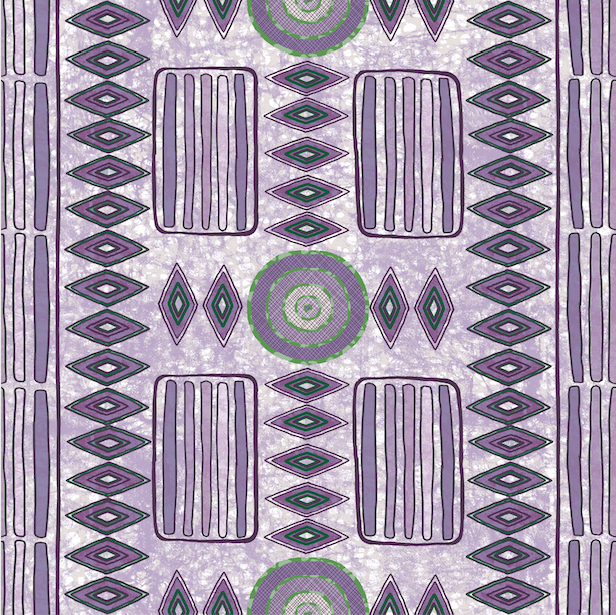 Detail of wallpaper in a playful geometric stripe print in shades of purple with green accents.