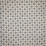 Block printed fabric in a dotted lattice in indigo on natural linen.