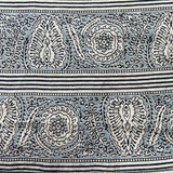 Block printed fabric in an ornamental paisley stripe in indigo and blue on linen.