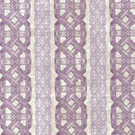 Detail of fabric in a geometric stripe print in shades of purple on a mottled tan field.