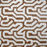 Detail of wallpaper in a playful meandering print in white on a brown field.